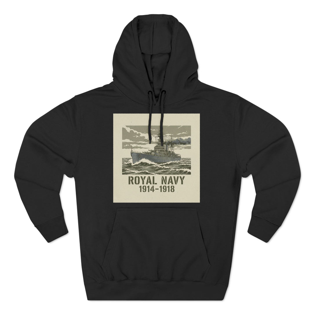 Black hoodie by S&amp;W Gallus featuring a graphic of a Royal Navy ship with vintage-style font.