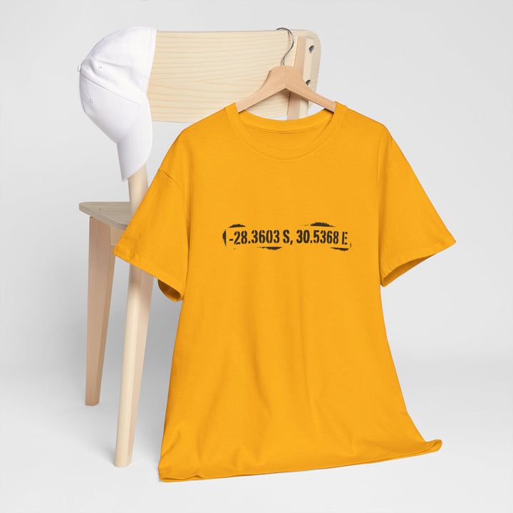 Rorke’s Drift T-Shirt featuring historic battle coordinates. Honor the 1879 Anglo-Zulu War with precise latitude &amp; longitude design.