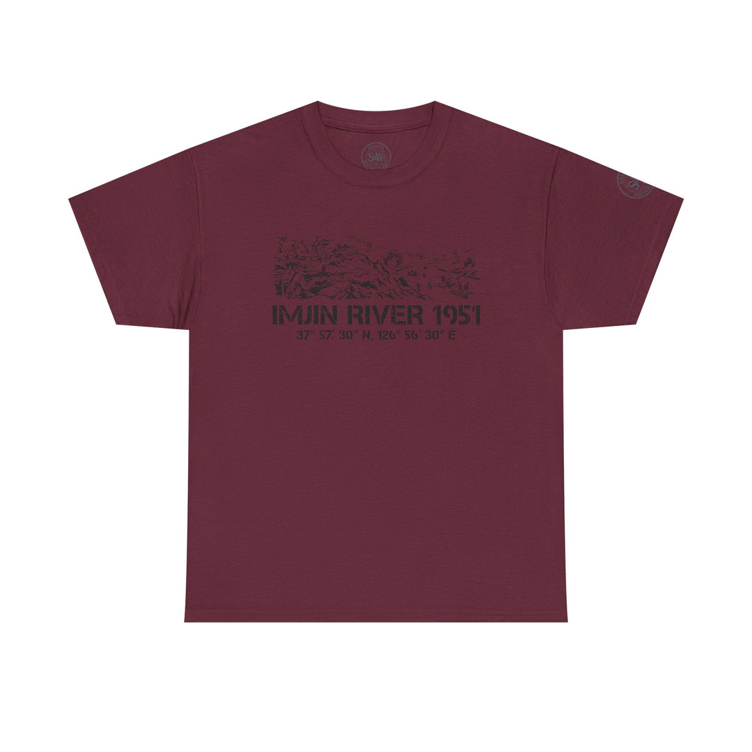 Burgundy t-shirt by S&amp;W Gallus featuring a Korean War-themed graphic print with coordinates on the front.

