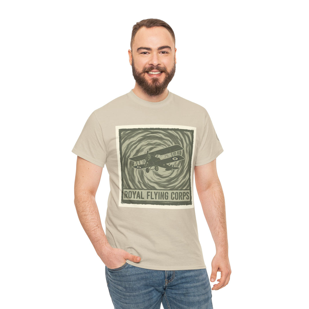 Sand-colored T-shirt with a vintage airplane design by S&amp;W Gallus, featuring "Royal Flying Corps" text, worn with blue jeans.