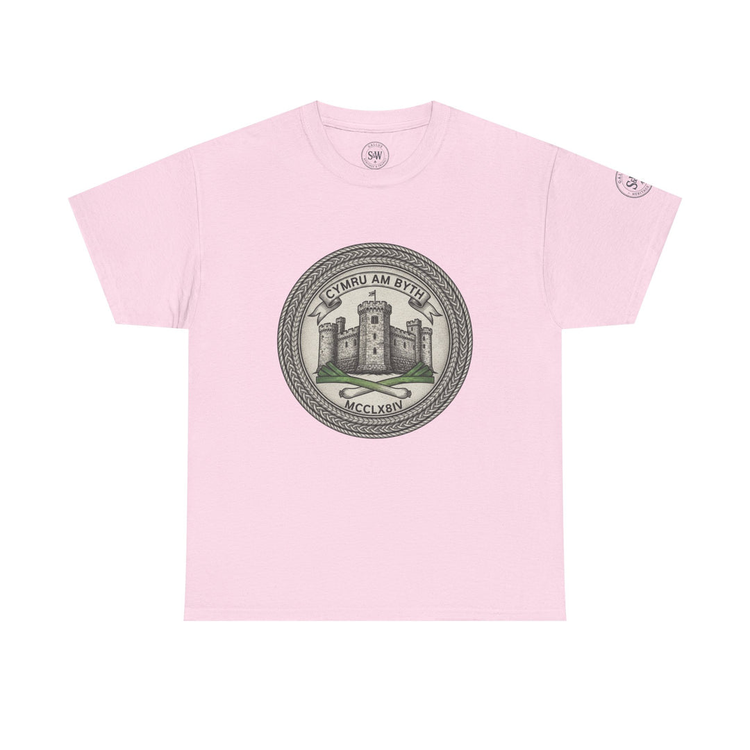 Pink t-shirt by S&amp;W Gallus featuring a circular emblem with a castle and Welsh text.