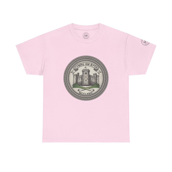 Pink t-shirt by S&amp;W Gallus featuring a circular emblem with a castle and Welsh text.