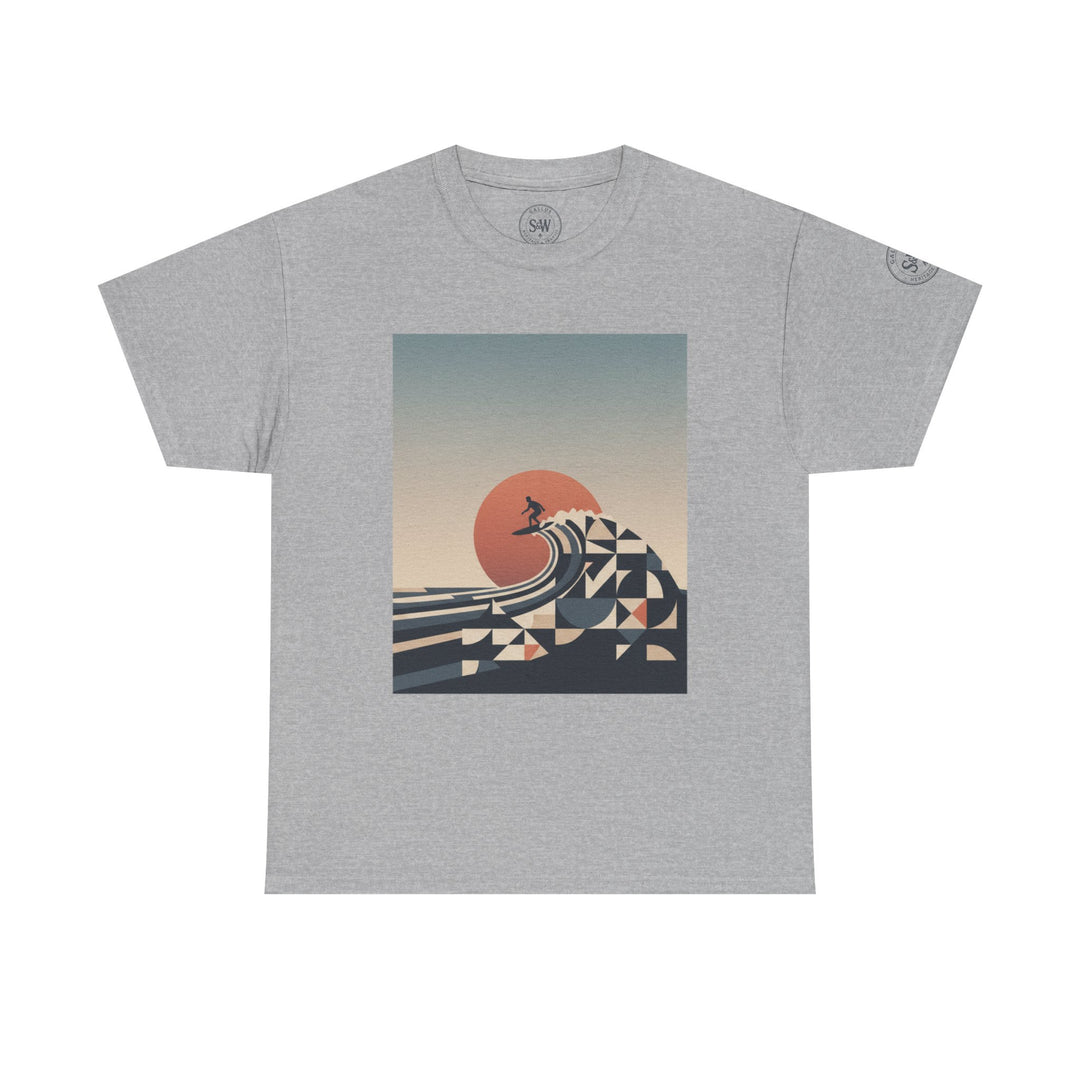 Gray t-shirt by S&amp;W Gallus with a square graphic of a surfer riding a geometric wave at sunset.
