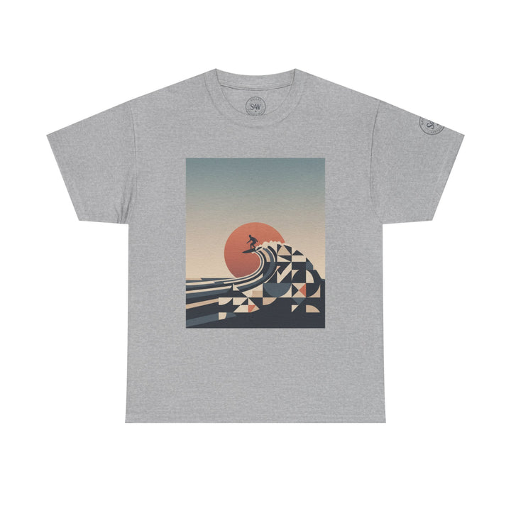 Gray t-shirt by S&amp;W Gallus with a square graphic of a surfer riding a geometric wave at sunset.