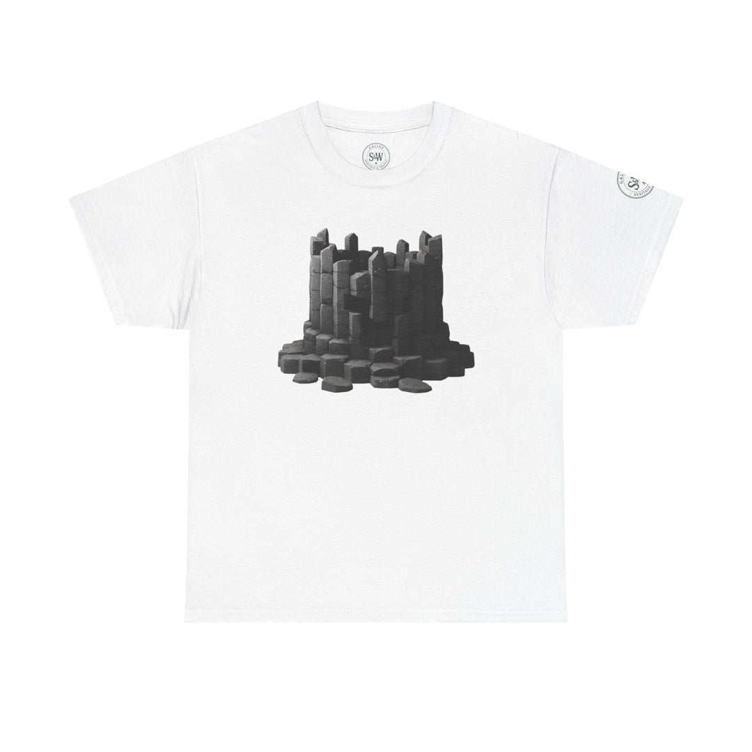 White t-shirt by S&amp;W Gallus with a dark grey basalt crown design printed on the front.