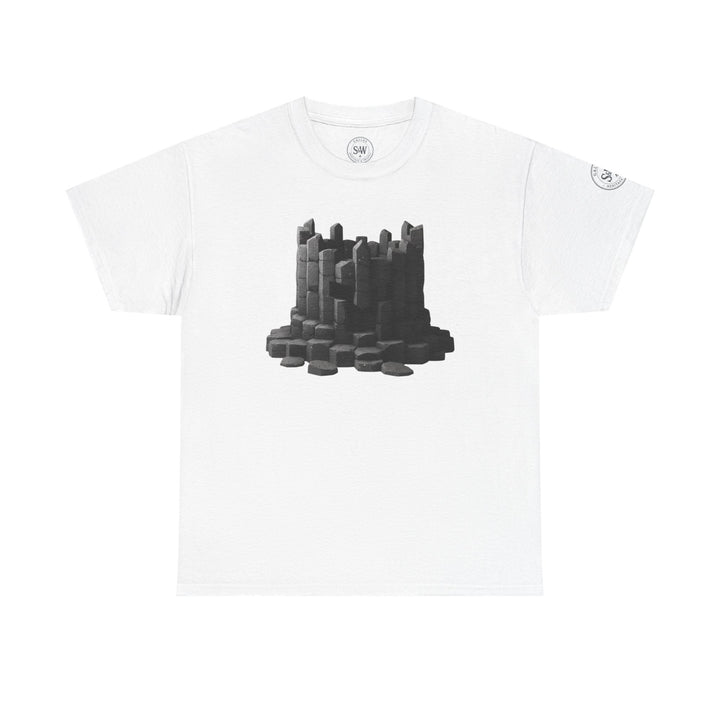 White t-shirt by S&amp;W Gallus with a dark grey basalt crown design printed on the front.