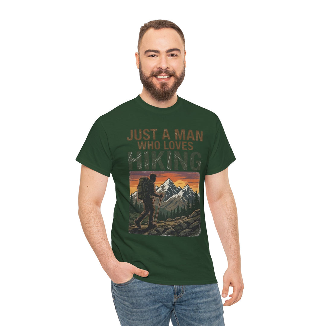 Green T-shirt with retro mountain graphic by Veteran owned, worn with jeans and a smiling man.