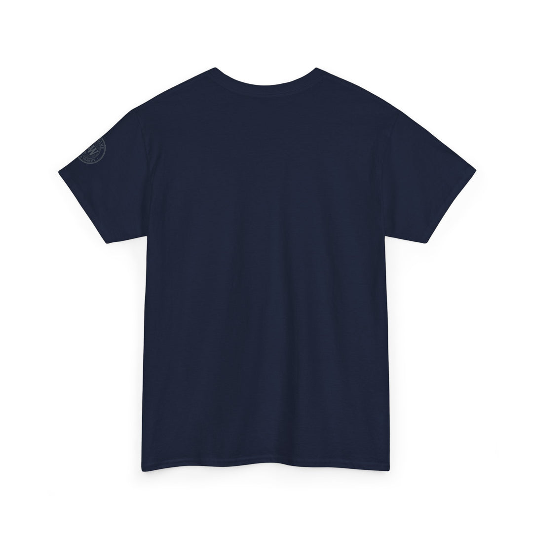 Navy t-shirt by S&amp;W Gallus, featuring a logo on the left sleeve.