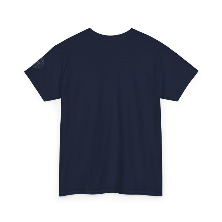 Navy t-shirt by S&amp;W Gallus, featuring a logo on the left sleeve.