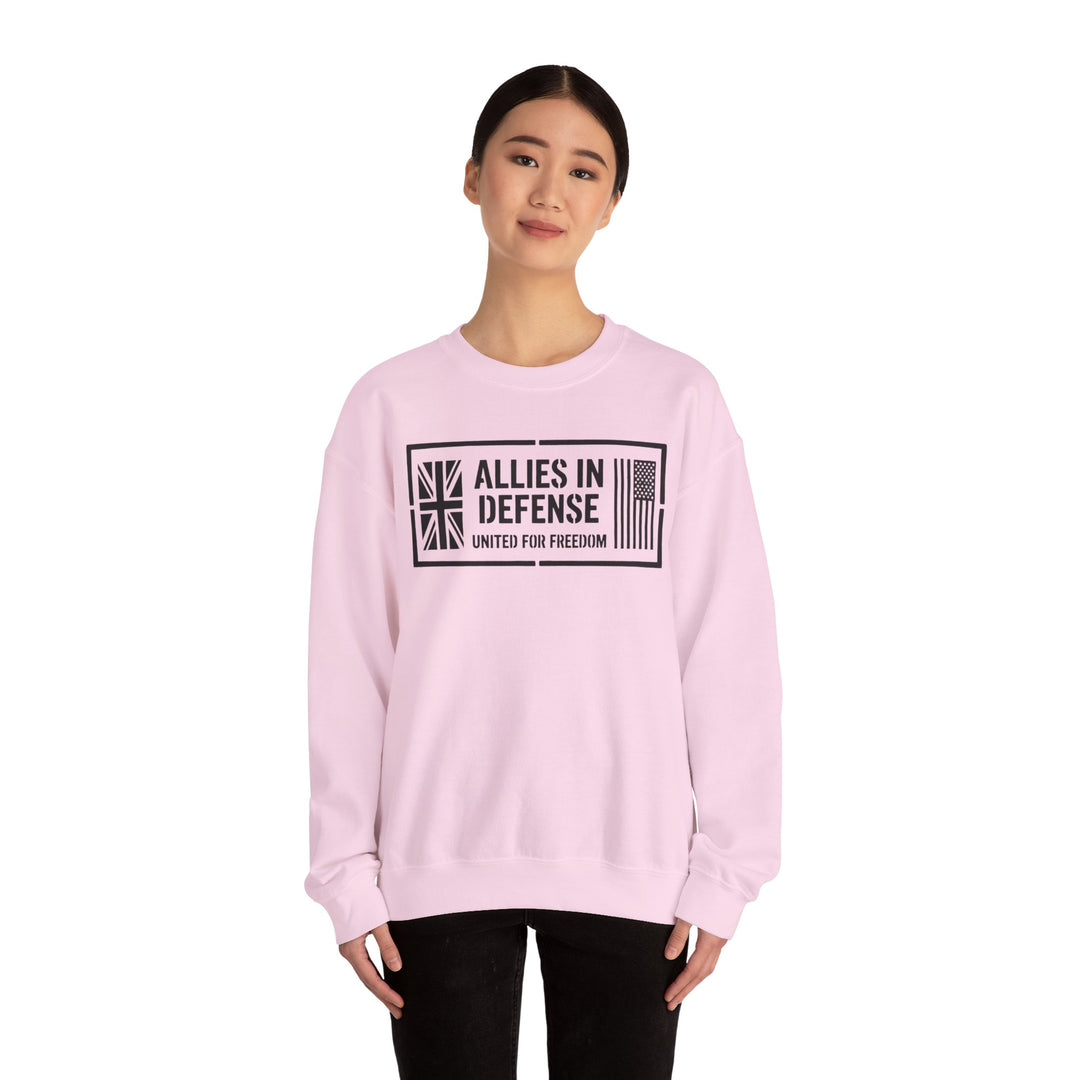 Light pink crewneck sweatshirt by S&amp;W Gallus featuring an "Allies in Defense" graphic with British and American flags.
