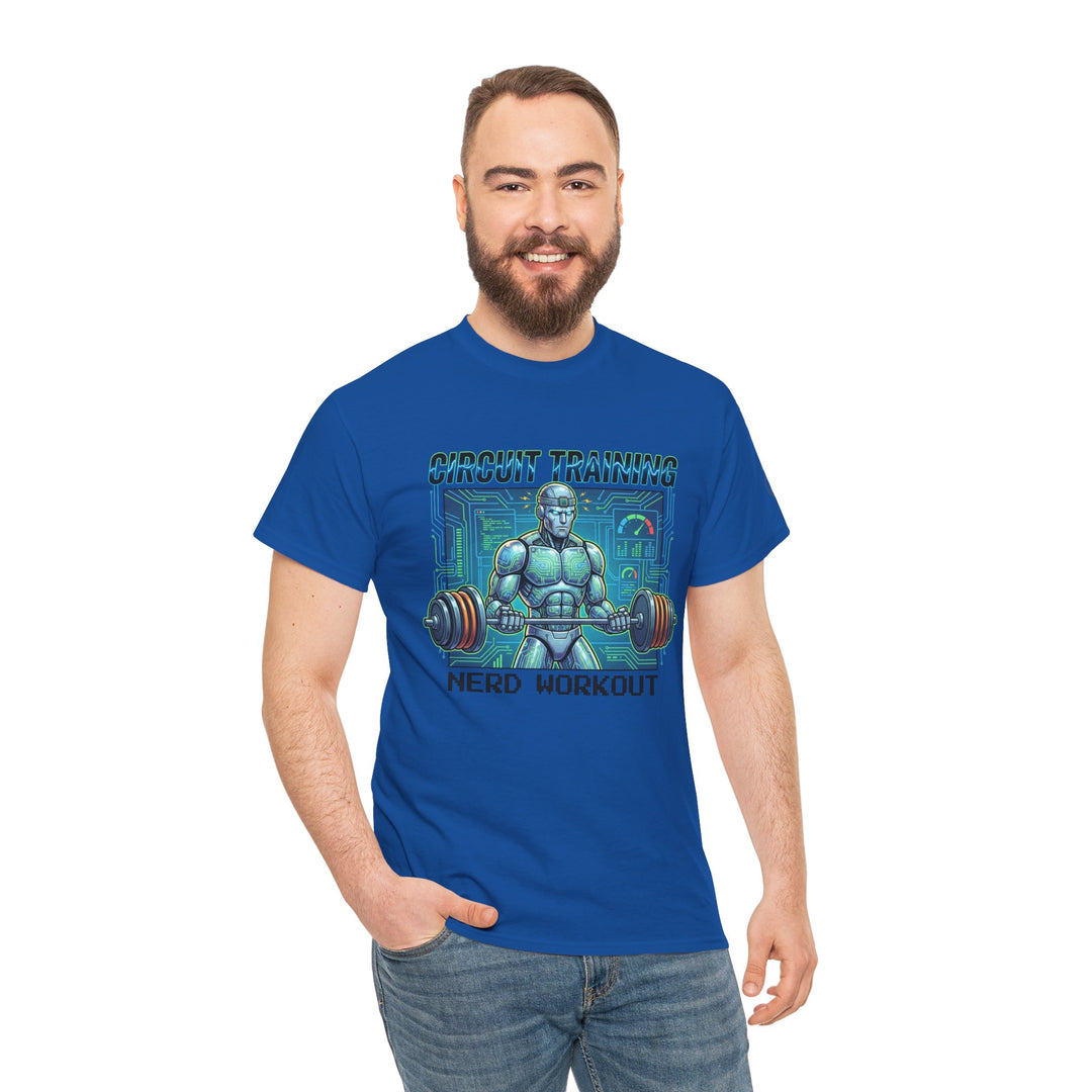 Blue t-shirt by Veteran owned, featuring a robot lifting weights graphic with circuit training text, paired with blue jeans.
