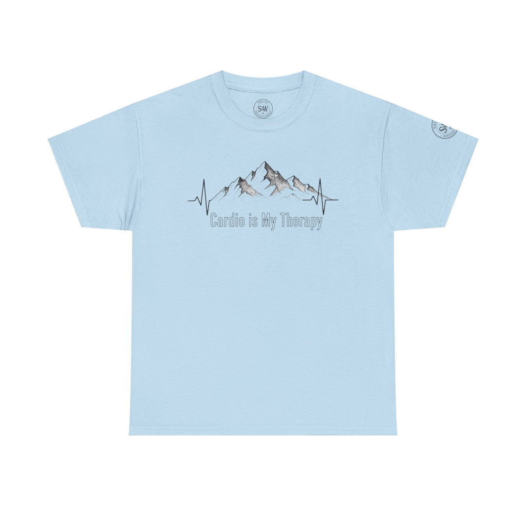 Light blue t-shirt by S&amp;W Gallus featuring a mountain illustration and "Cardio is My Therapy" text.