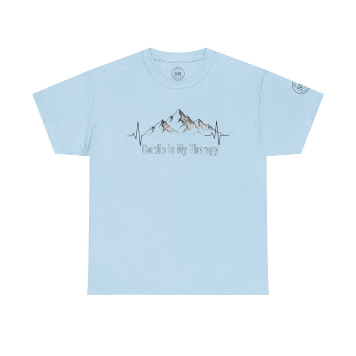 Light blue t-shirt by S&amp;W Gallus featuring a mountain illustration and "Cardio is My Therapy" text.