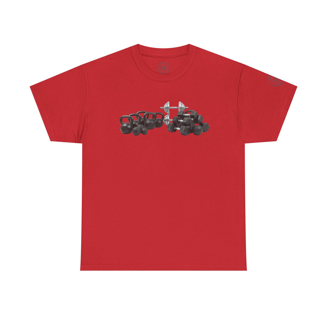 Red t-shirt by S&amp;W Gallus, featuring a graphic of kettlebells and dumbbells on the front.