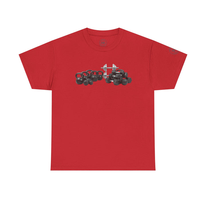 Red t-shirt by S&amp;W Gallus, featuring a graphic of kettlebells and dumbbells on the front.