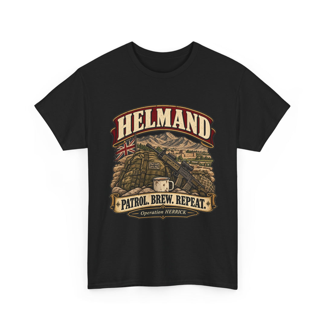 Helmand T-Shirt — “Patrol. Brew. Repeat.” Afghanistan Military Humour Tee