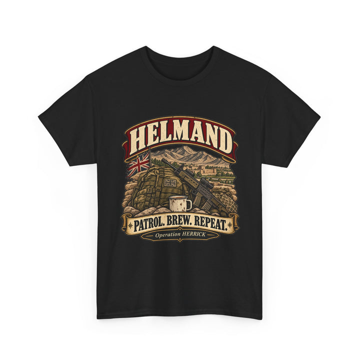 Helmand T-Shirt — “Patrol. Brew. Repeat.” Afghanistan Military Humour Tee