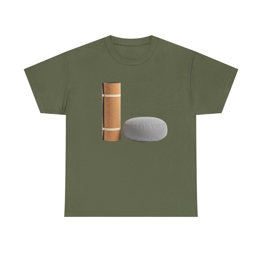 Mat &amp; Meditation Cushion Tee – soft, breathable cotton featuring a yoga-inspired design. Perfect for meditation, studio practice, or mindful everyday wear.
