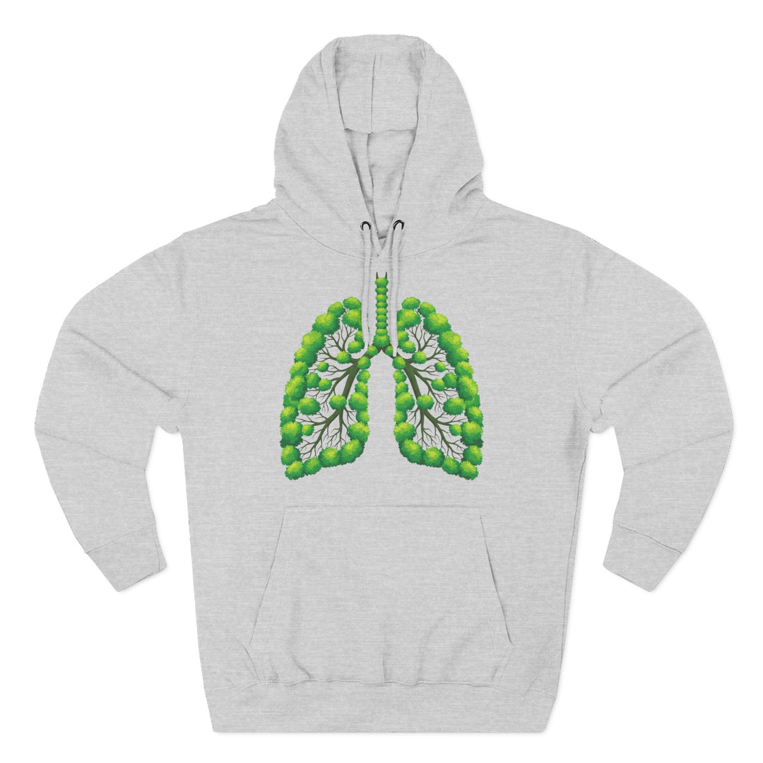 Gray hoodie with organic lungs graphic by S&amp;W Gallus, featuring a drawstring hood and front pouch pocket.