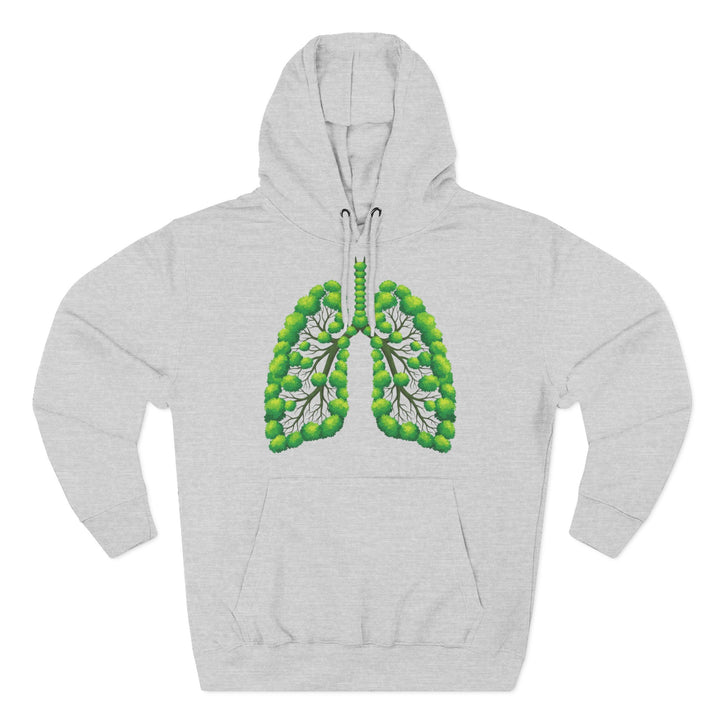 Gray hoodie with organic lungs graphic by S&amp;W Gallus, featuring a drawstring hood and front pouch pocket.