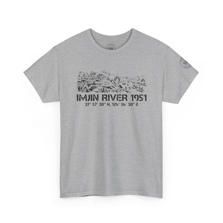 Gray Imjin River 1951 t-shirt by S&amp;W Gallus, featuring a river landscape graphic and commemorative text.