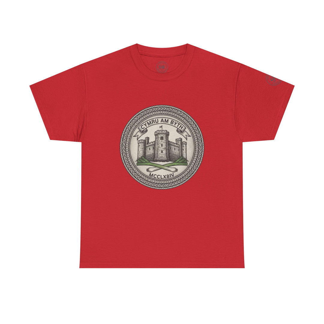 Red t-shirt by S&amp;W Gallus featuring a circular emblem with a Welsh castle and lettering.