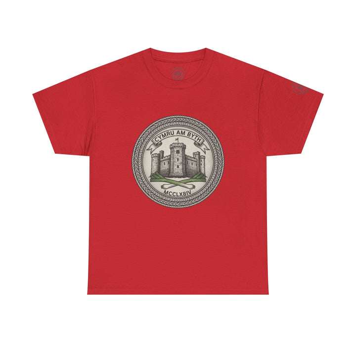 Red t-shirt by S&amp;W Gallus featuring a circular emblem with a Welsh castle and lettering.
