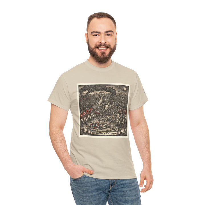 Tan graphic T-shirt by S&amp;W Gallus featuring a vintage-style illustration of the Battle of Waterloo.
