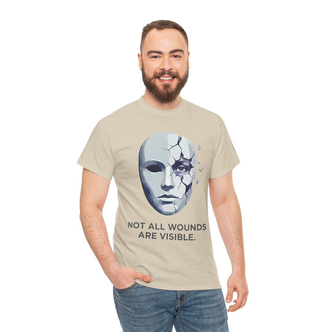 T-shirt with a cracked mask graphic by Veteran owned featuring "Not All Wounds Are Visible" text on the front.