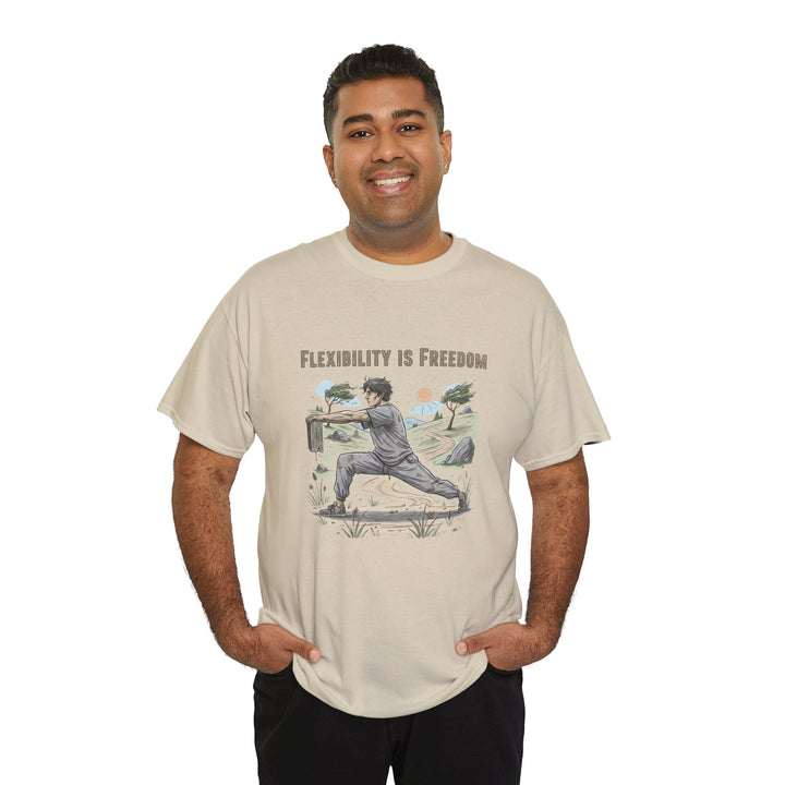 Flexibility Is Freedom Tee – soft, breathable cotton featuring a motivational design. Perfect for yoga, Pilates, stretching, or casual active lifestyle wear.