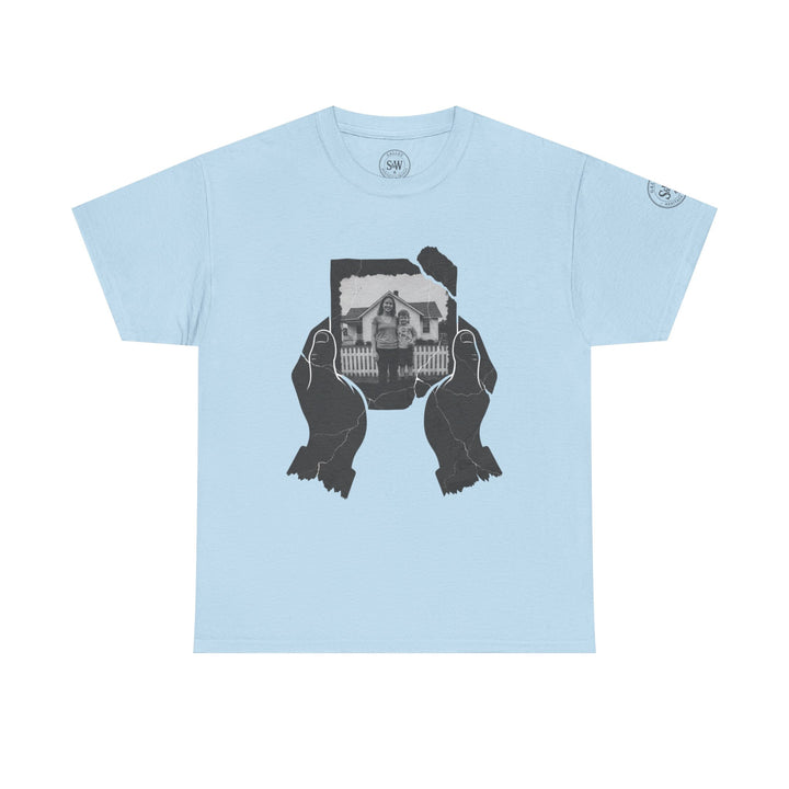 Light blue t-shirt by S&amp;W Gallus with a graphic of two hands holding a torn black and white photo.
