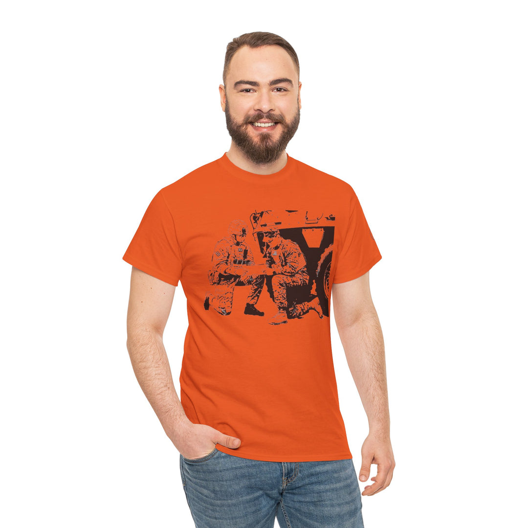 Orange t-shirt by S&amp;W Gallus featuring an image of two uniformed soldiers kneeling by a military vehicle.