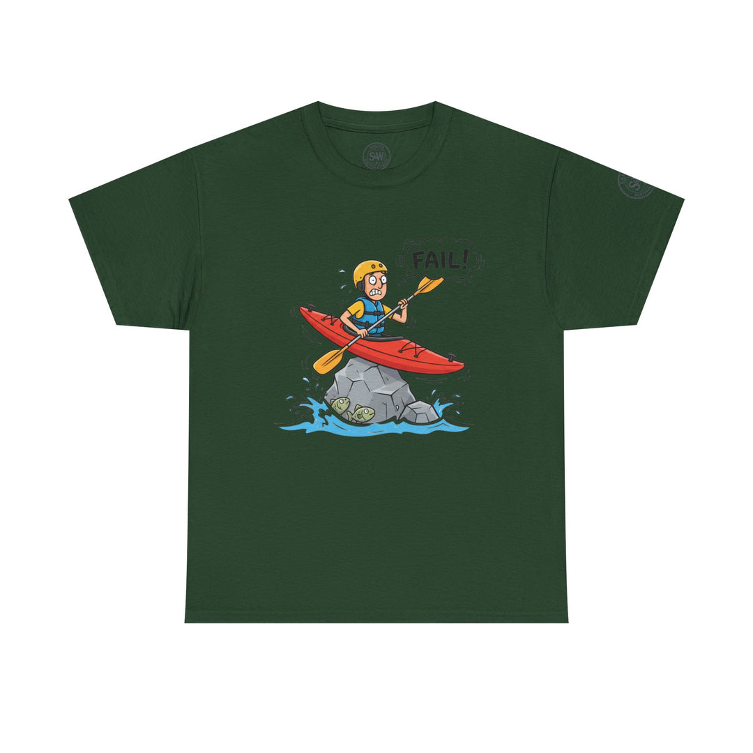 Dark green t-shirt by S&amp;W Gallus with a cartoon graphic of a kayaker on a rock.
