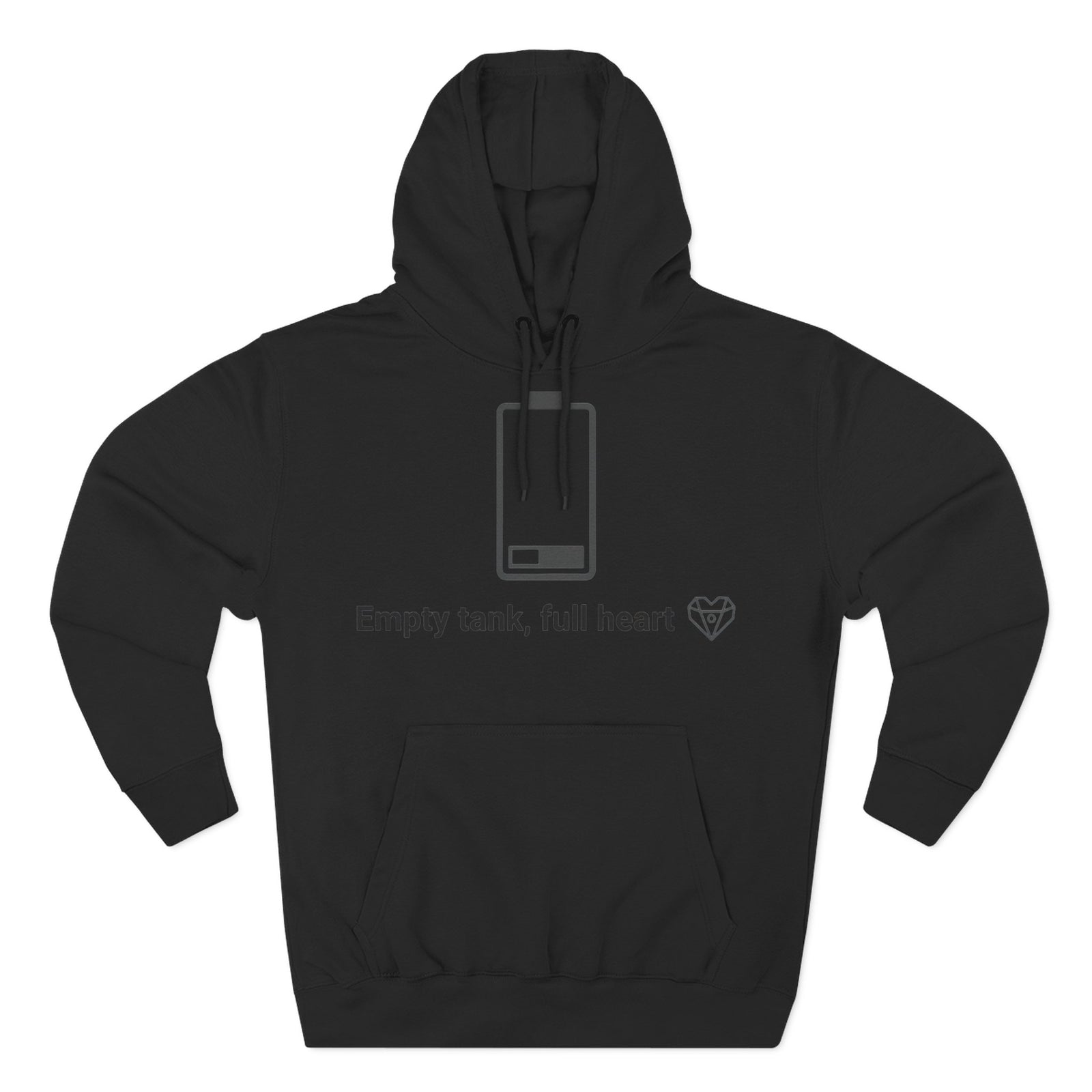 Black hoodie by S&W Gallus with a graphic of a battery and text "Empty tank, full heart".