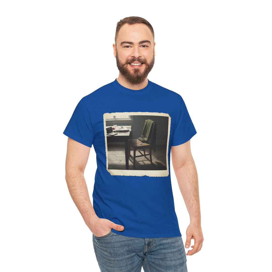 Blue t-shirt with a vintage photograph print by S&amp;W Gallus, worn with jeans.