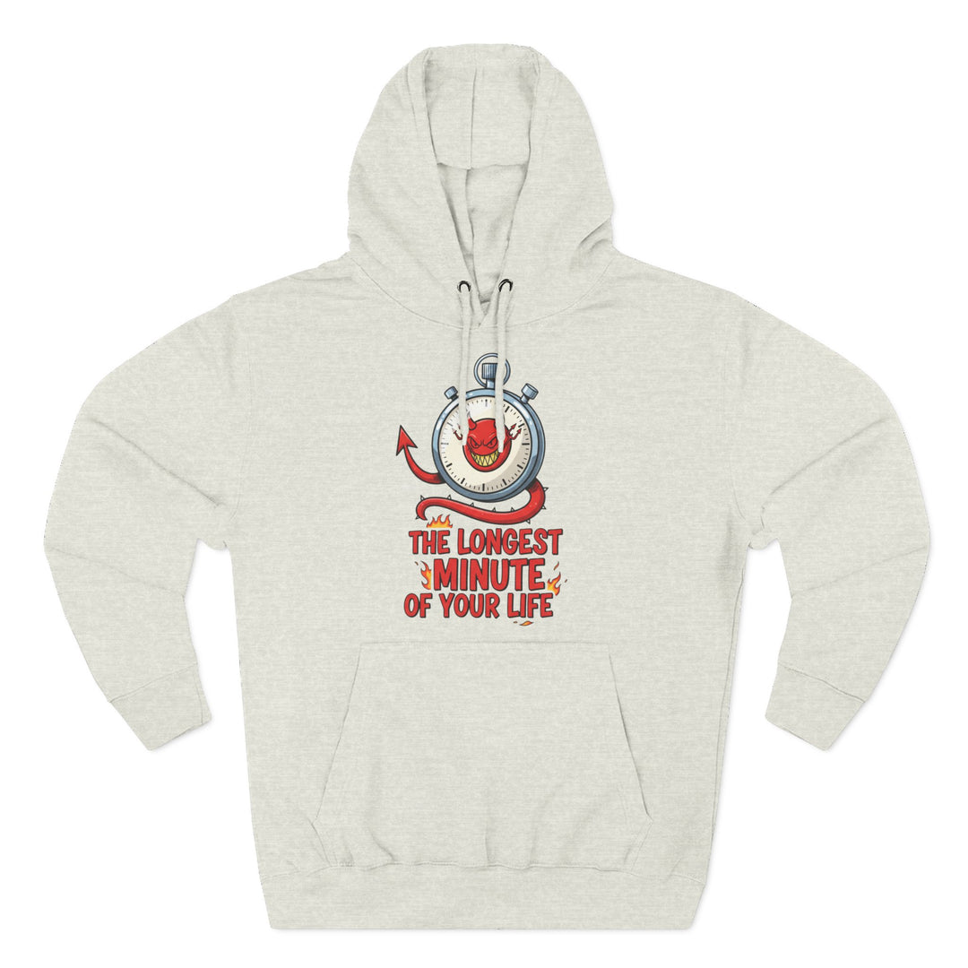 Gray hoodie by S&amp;W Gallus, featuring a stopwatch graphic with a devil and "The Longest Minute of Your Life" text.