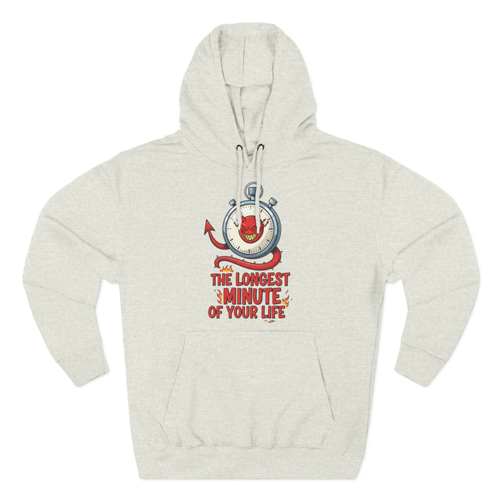 Gray hoodie by S&amp;W Gallus, featuring a stopwatch graphic with a devil and "The Longest Minute of Your Life" text.