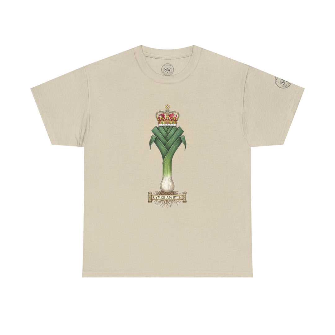 Beige t-shirt by S&amp;W Gallus featuring a crowned leek design with a "Cymru am Byth" banner.