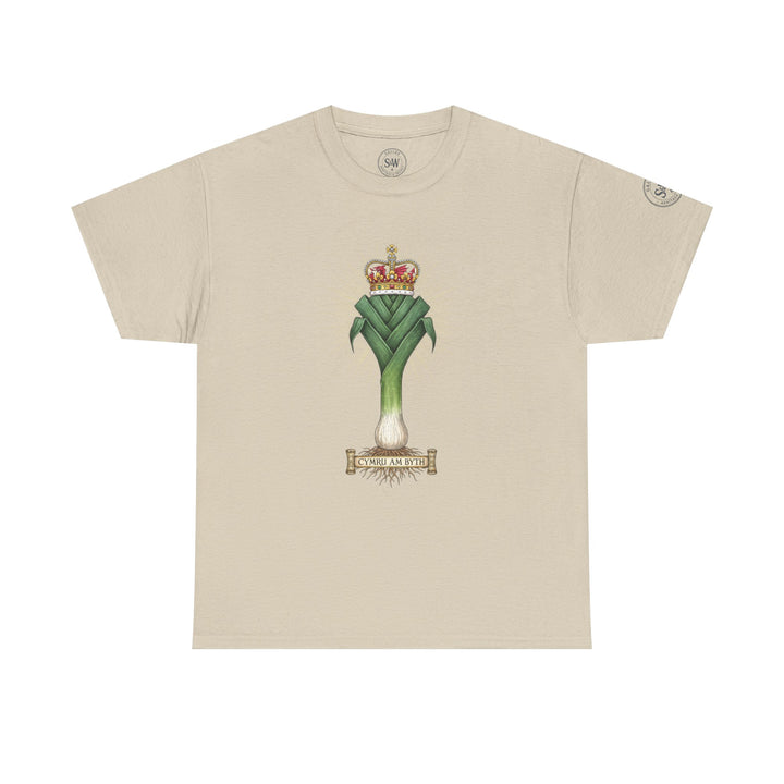 Beige t-shirt by S&amp;W Gallus featuring a crowned leek design with a "Cymru am Byth" banner.