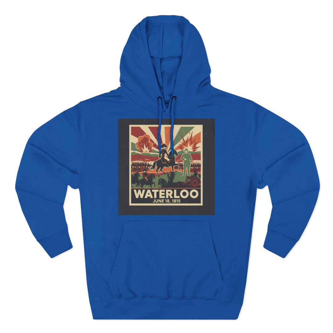 Blue hoodie by S&amp;W Gallus with a Waterloo vintage poster graphic, featuring a hooded neckline and kangaroo pocket.