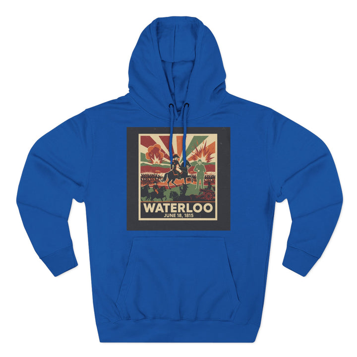 Blue hoodie by S&amp;W Gallus with a Waterloo vintage poster graphic, featuring a hooded neckline and kangaroo pocket.