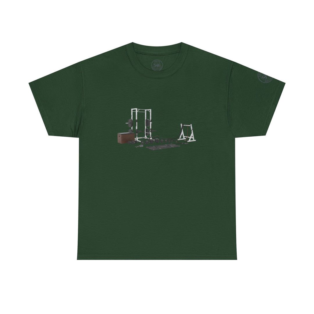 Green t-shirt by S&amp;W Gallus featuring a weightlifting circuit set graphic, with a round neck and short sleeves.