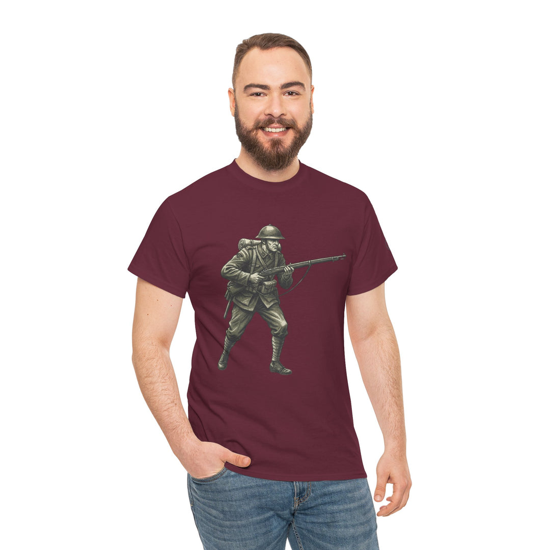 Burgundy graphic t-shirt with vintage WWI soldier illustration by S&amp;W Gallus, worn with jeans.