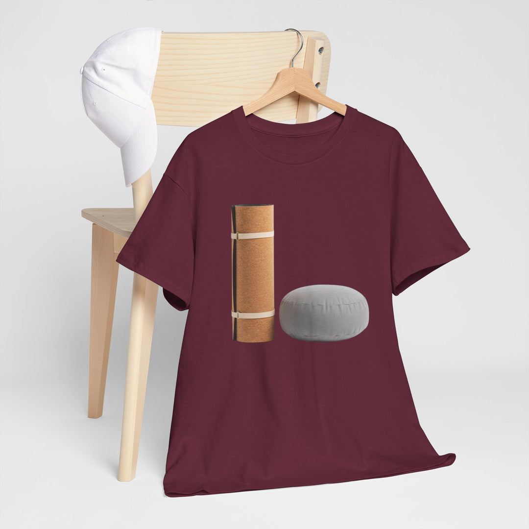 Mat &amp; Meditation Cushion Tee – soft, breathable cotton featuring a yoga-inspired design. Perfect for meditation, studio practice, or mindful everyday wear.