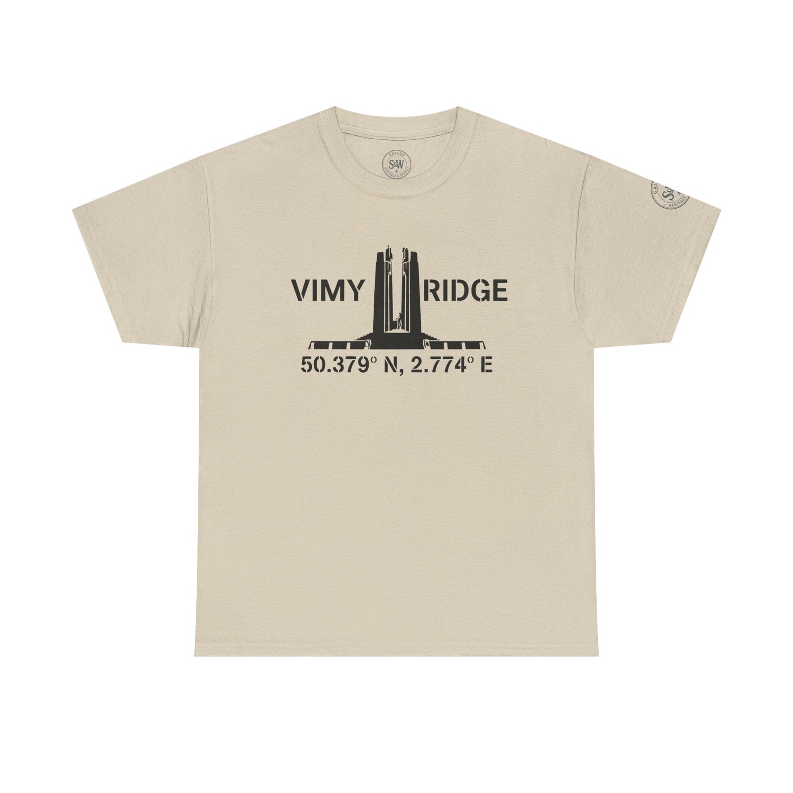 Beige Vimy Ridge T-shirt by S&W Gallus featuring a monument graphic and commemorative text.