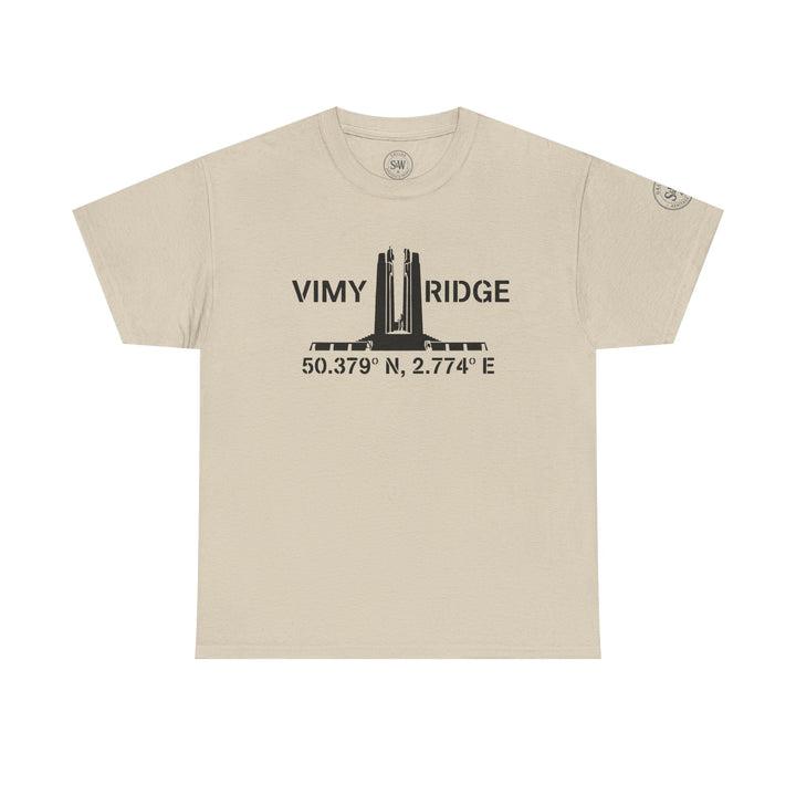 Beige Vimy Ridge T-shirt by S&amp;W Gallus featuring a monument graphic and commemorative text.