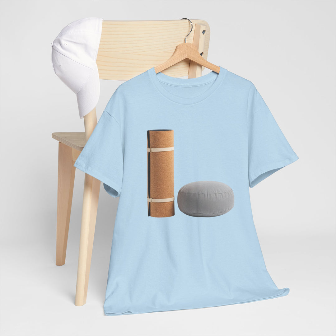 Mat &amp; Meditation Cushion Tee – soft, breathable cotton featuring a yoga-inspired design. Perfect for meditation, studio practice, or mindful everyday wear.