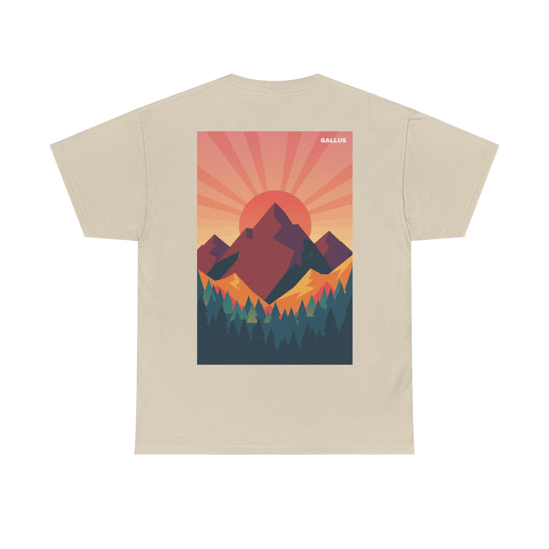 Mountain Sunset Graphic Tee — Vintage Nature Poster Back Print