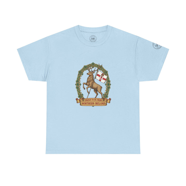 Light blue t-shirt from S&amp;W Gallus featuring a Northern Ireland stag graphic and slogan.
