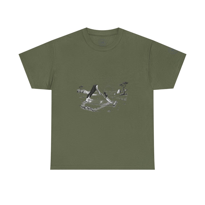 Olive green t-shirt by S&amp;W Gallus featuring a yoga pose illustration with a beach sunset backdrop.